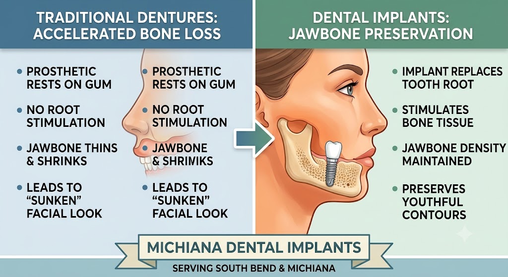 Educational diagram comparing jawbone structure with traditional dentures vs. jawbone preservation with dental implants at Michiana Dental Implants.