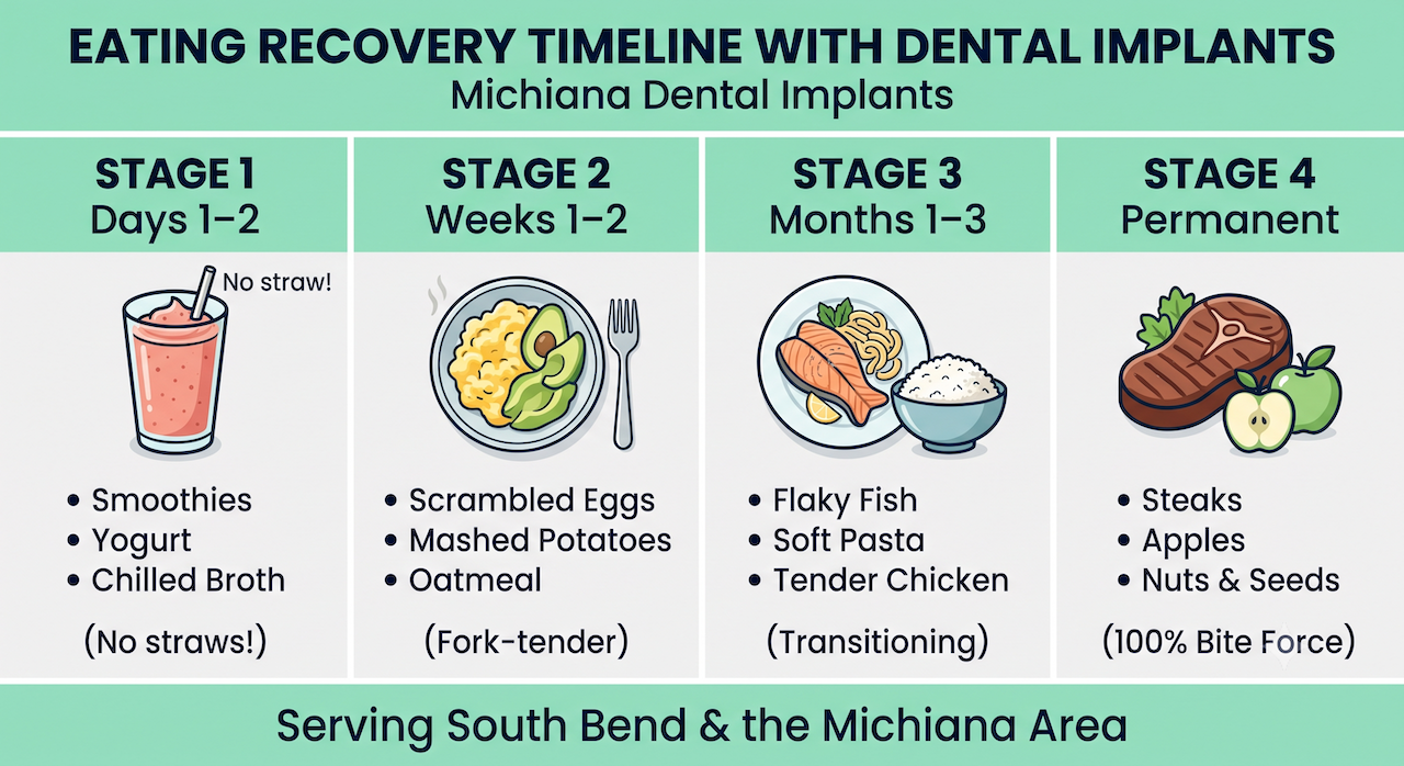 Dental Implant Diet and Eating Recovery Timeline "Infographic showing the 4 stages of diet recovery after dental implants, from soft foods to permanent eating with full chewing power at Michiana Dental Implants."